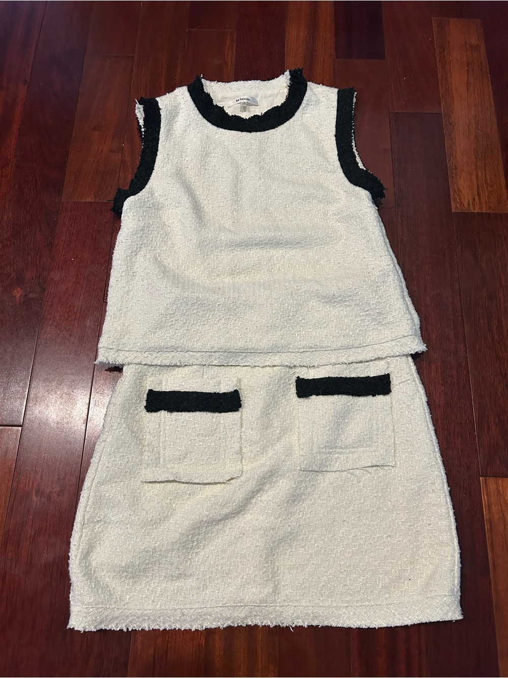 Womens Cream Bouclé Two-Piece Tank and Skirt Set with Black Trim Coquette Office